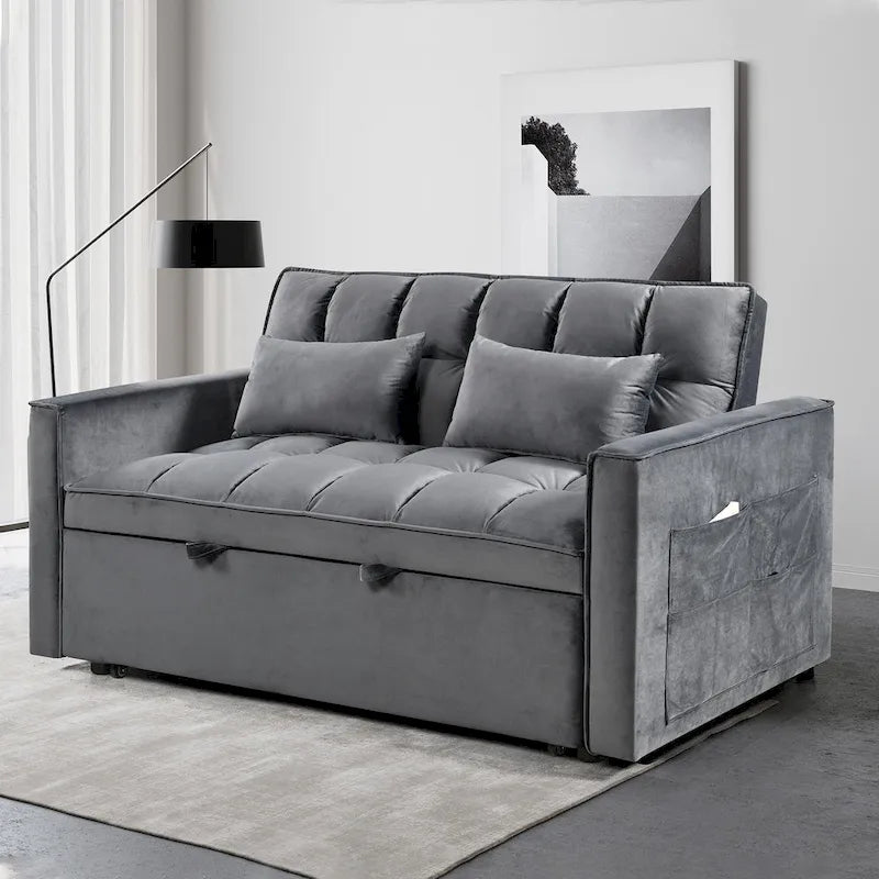 Modern Velvet Futon Loveseat with Reclining Backrest & Pockets, Seats 2 �?Dark Gray / Light Gray / Blue / Black