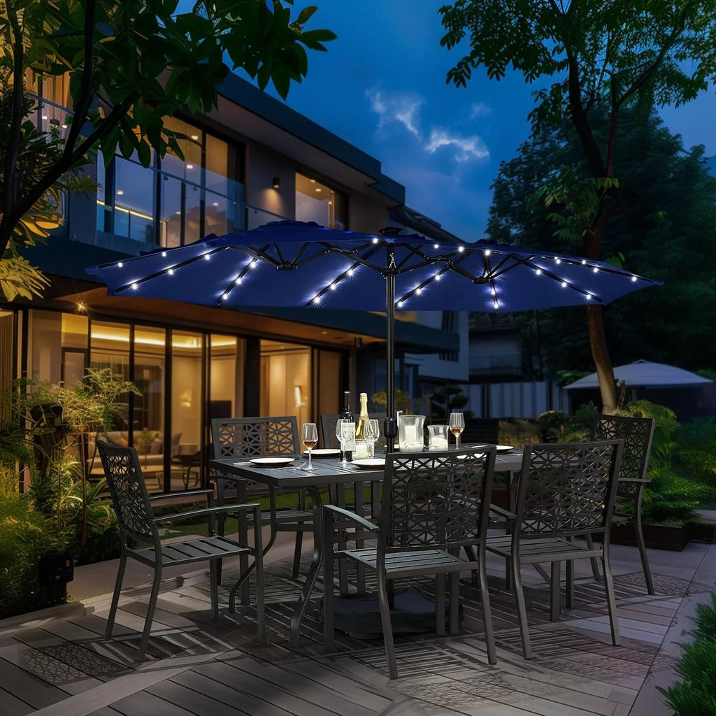 15 ft Large Patio Umbrella with Solar Lights Double-Sided Outdoor Rectangle Market Umbrellas with 36 LED Lights/Base Included/Easy Crank for Patio Garden Yard Pool Lawn, Brown