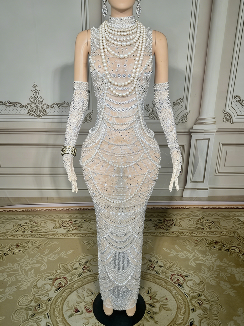 White Bead Embellished High Neck Mermaid Gown Sleeveless Open Back Formal