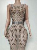 Beige Rhinestone Halter Maxi Dress Open Back Fitted Floor Length Formal Evening