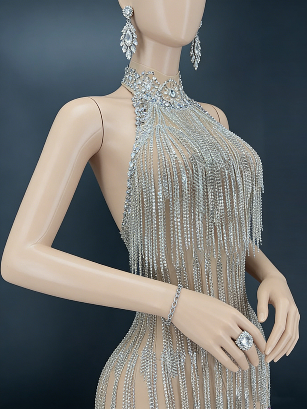 Silver Rhinestone Fringe Halter Mini Dress Open Back Party Night Out
