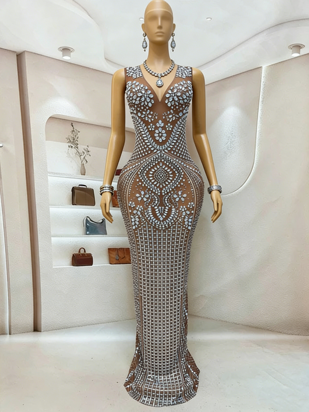 Grey Rhinestone Mermaid Evening Gown Sheer Mesh Sleeveless Floor Length Formal