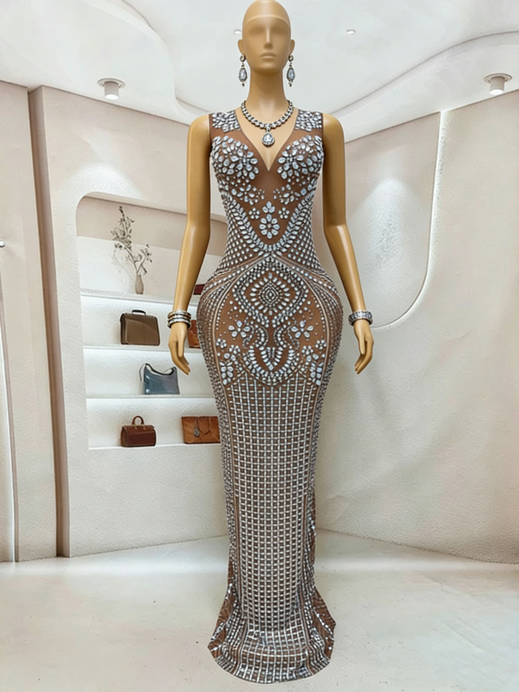 Grey Rhinestone Mermaid Evening Gown Sheer Mesh Sleeveless Floor Length Formal