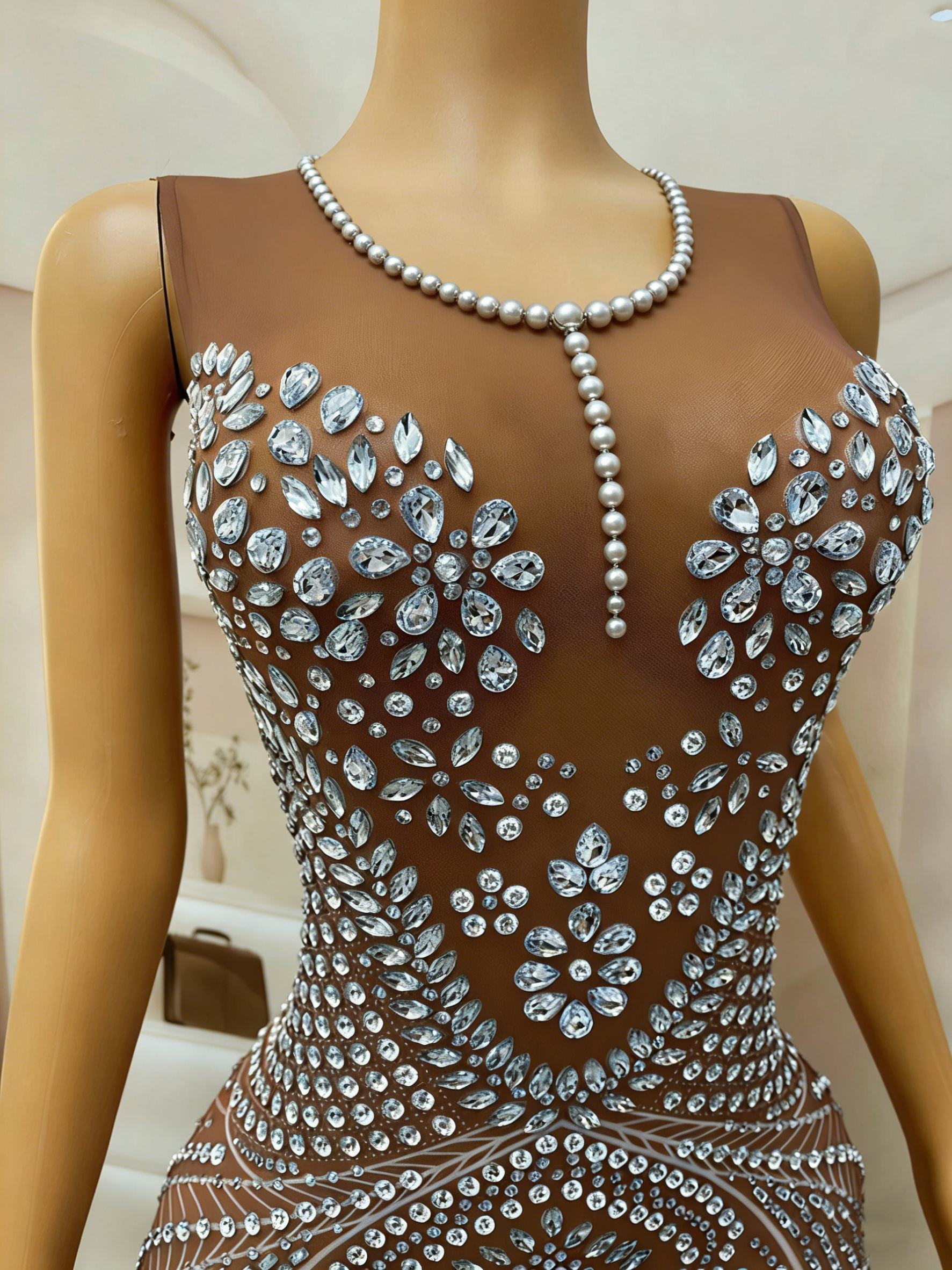 Grey Rhinestone Mermaid Evening Gown Sheer Mesh Sleeveless Floor Length Formal