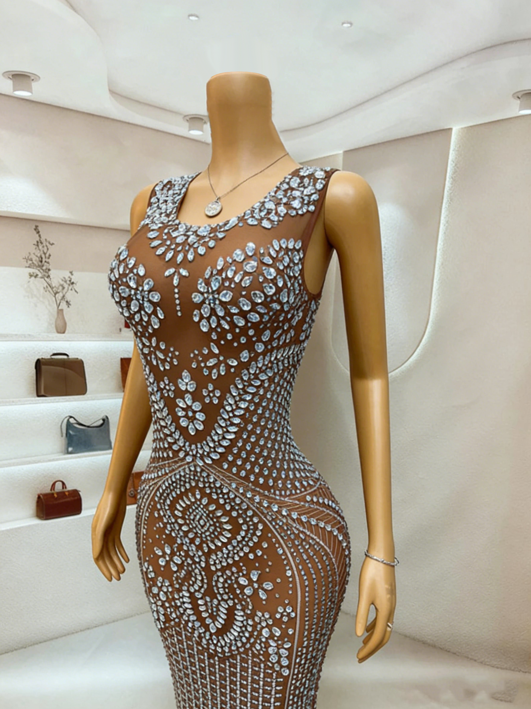 Grey Rhinestone Mermaid Evening Gown Sheer Mesh Sleeveless Floor Length Formal