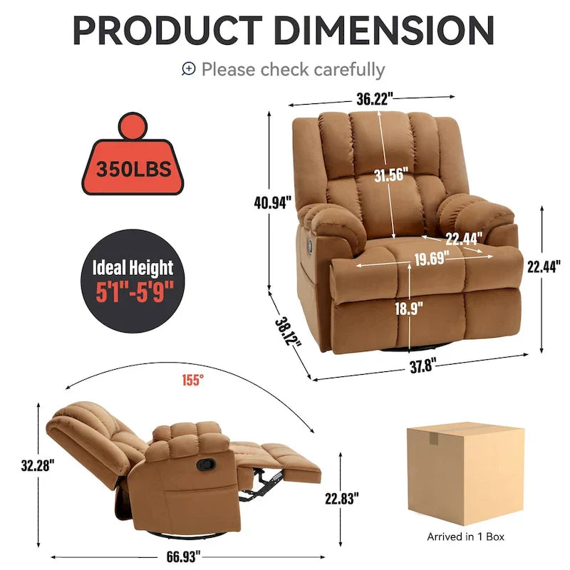 Lazy Boy Swivel Rocker Fabric Recliner Chair, Overstuffed Large Manual Recliner Glider with Pillow Top Arms and Cushion Back
