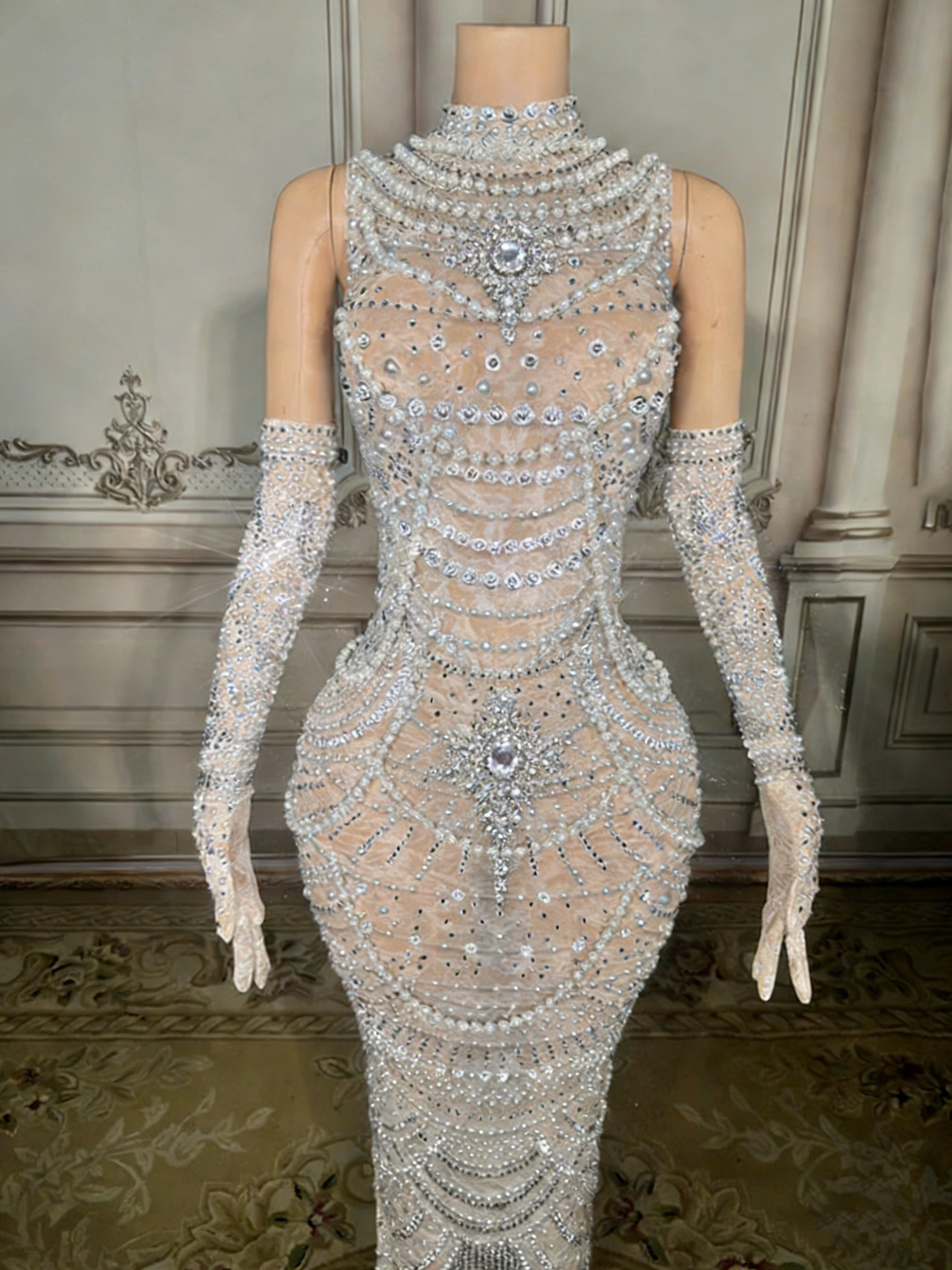 White Bead Embellished High Neck Mermaid Gown Sleeveless Open Back Formal
