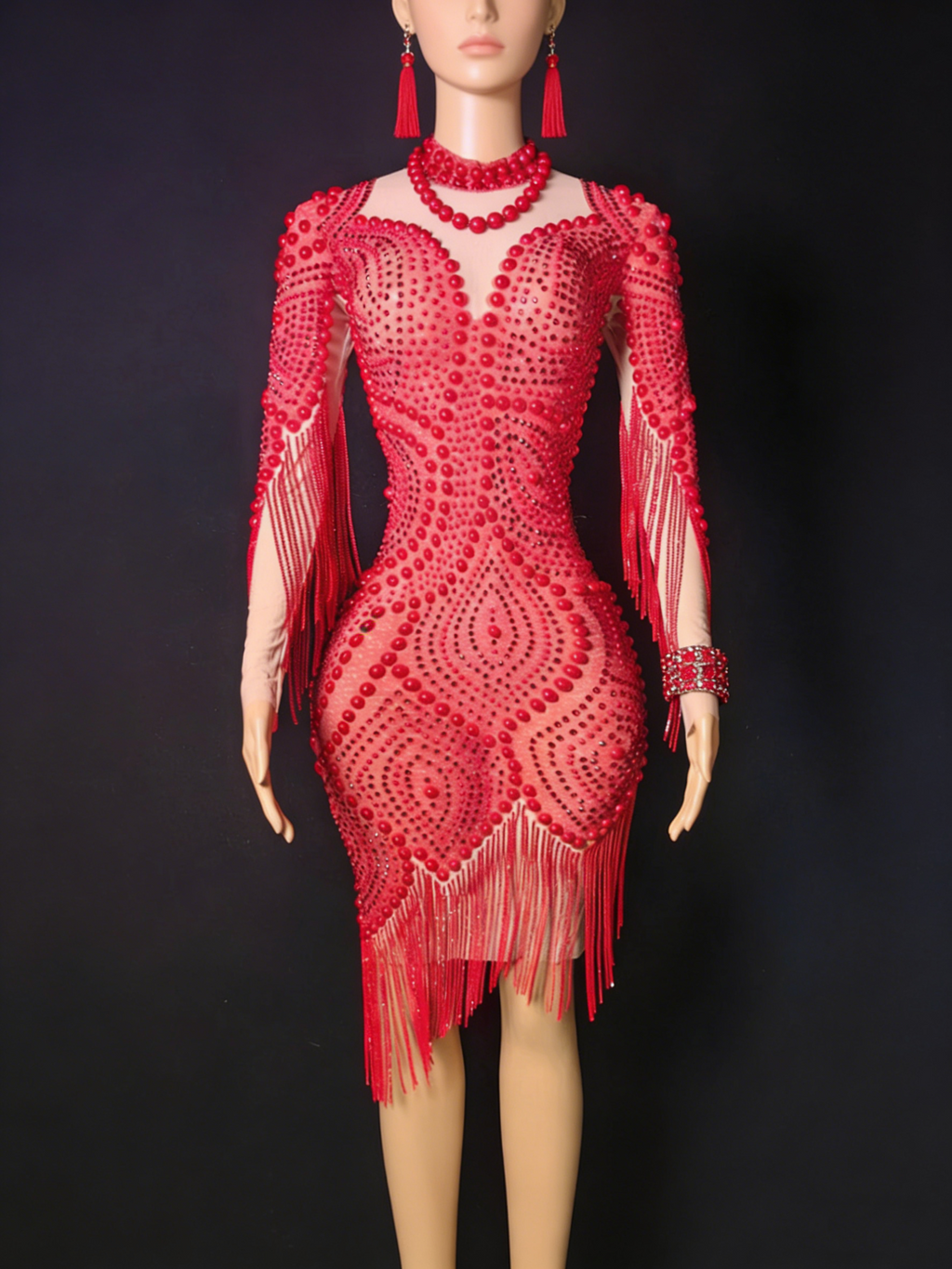 Red Bead Embellished Mesh Bodycon Mini Dress Long Sleeve Fringe Party