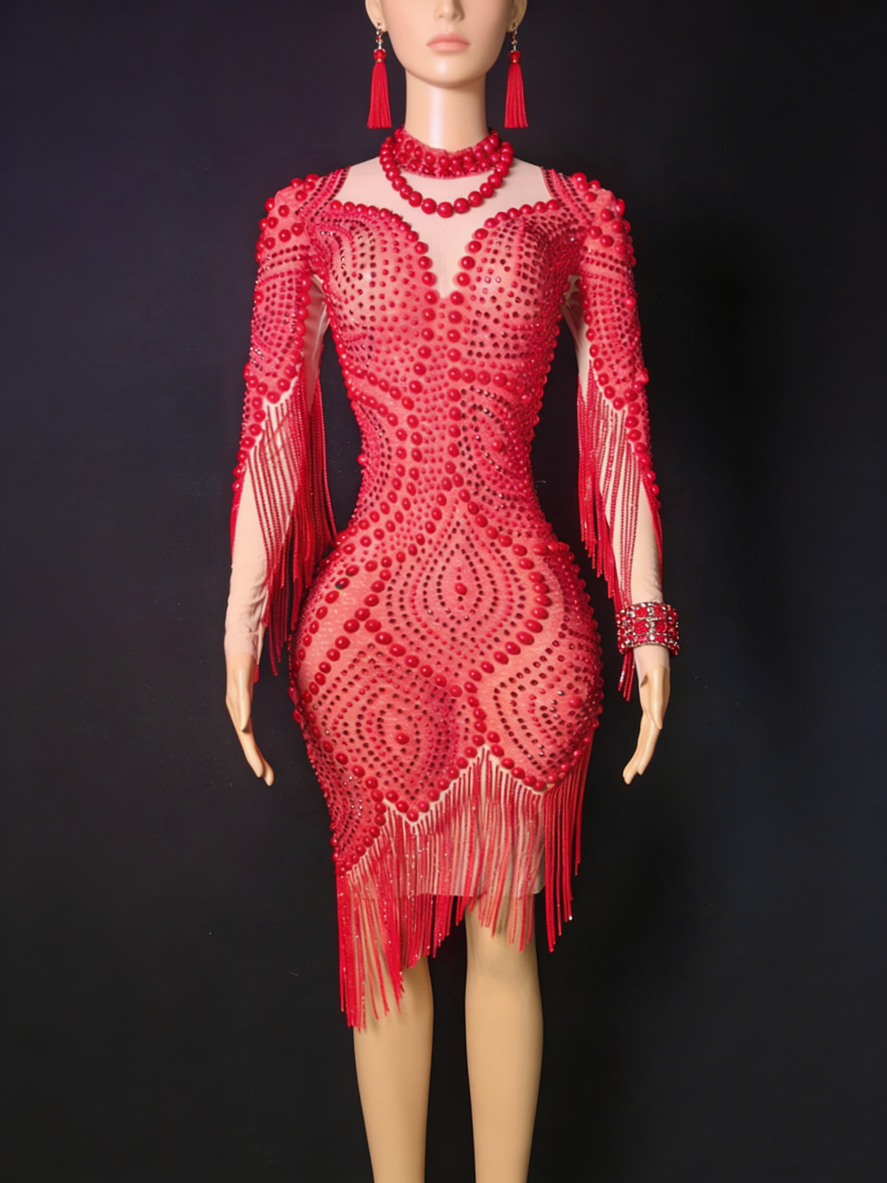 Red Bead Embellished Mesh Bodycon Mini Dress Long Sleeve Fringe Party
