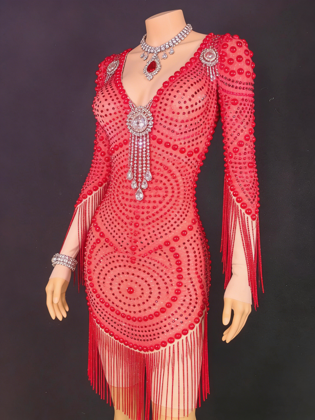 Red Bead Embellished Mesh Bodycon Mini Dress Long Sleeve Fringe Party