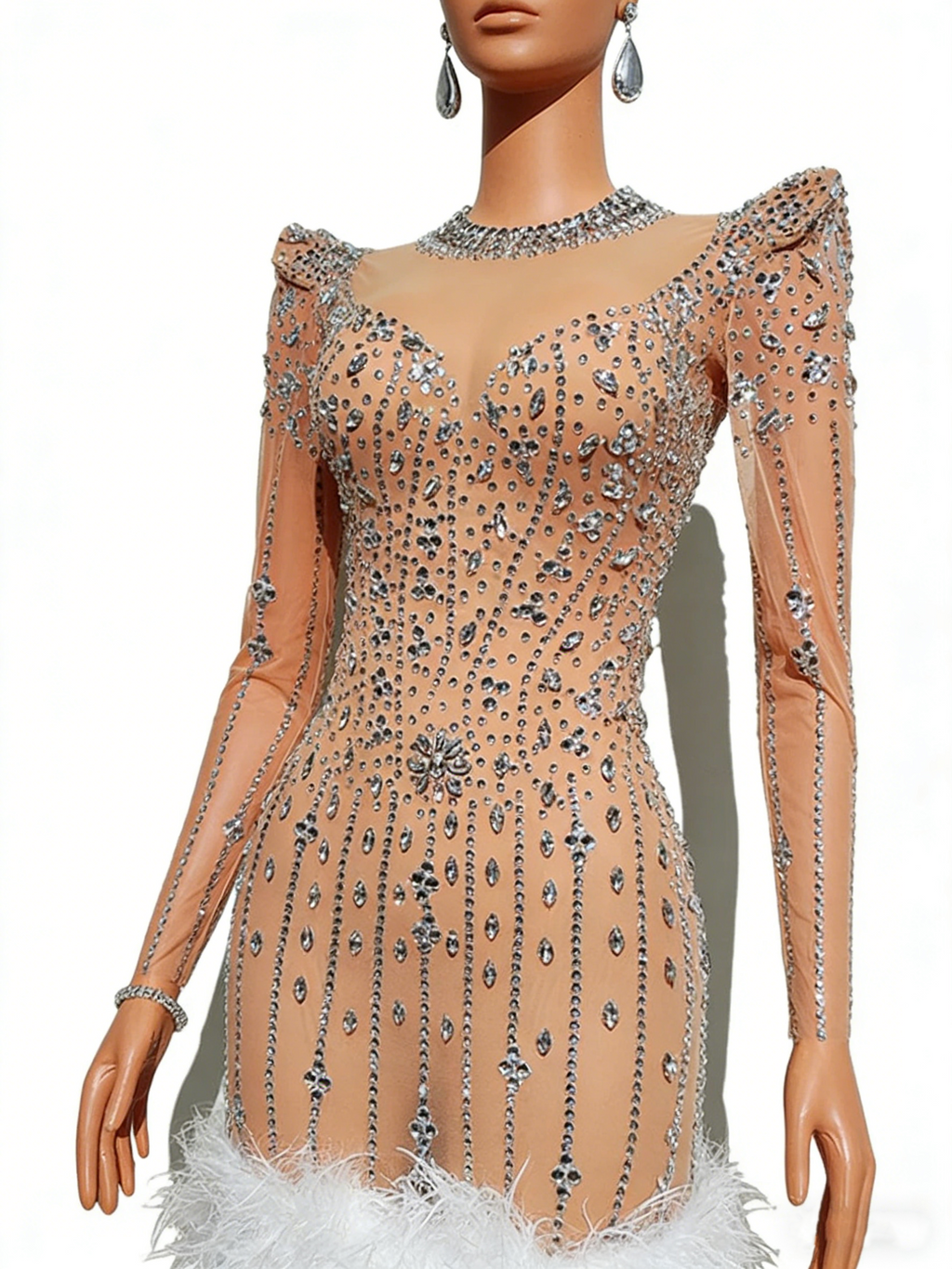 Beige Rhinestone Mini Dress Long Sleeve High Neck Feather Hem Bodycon Party