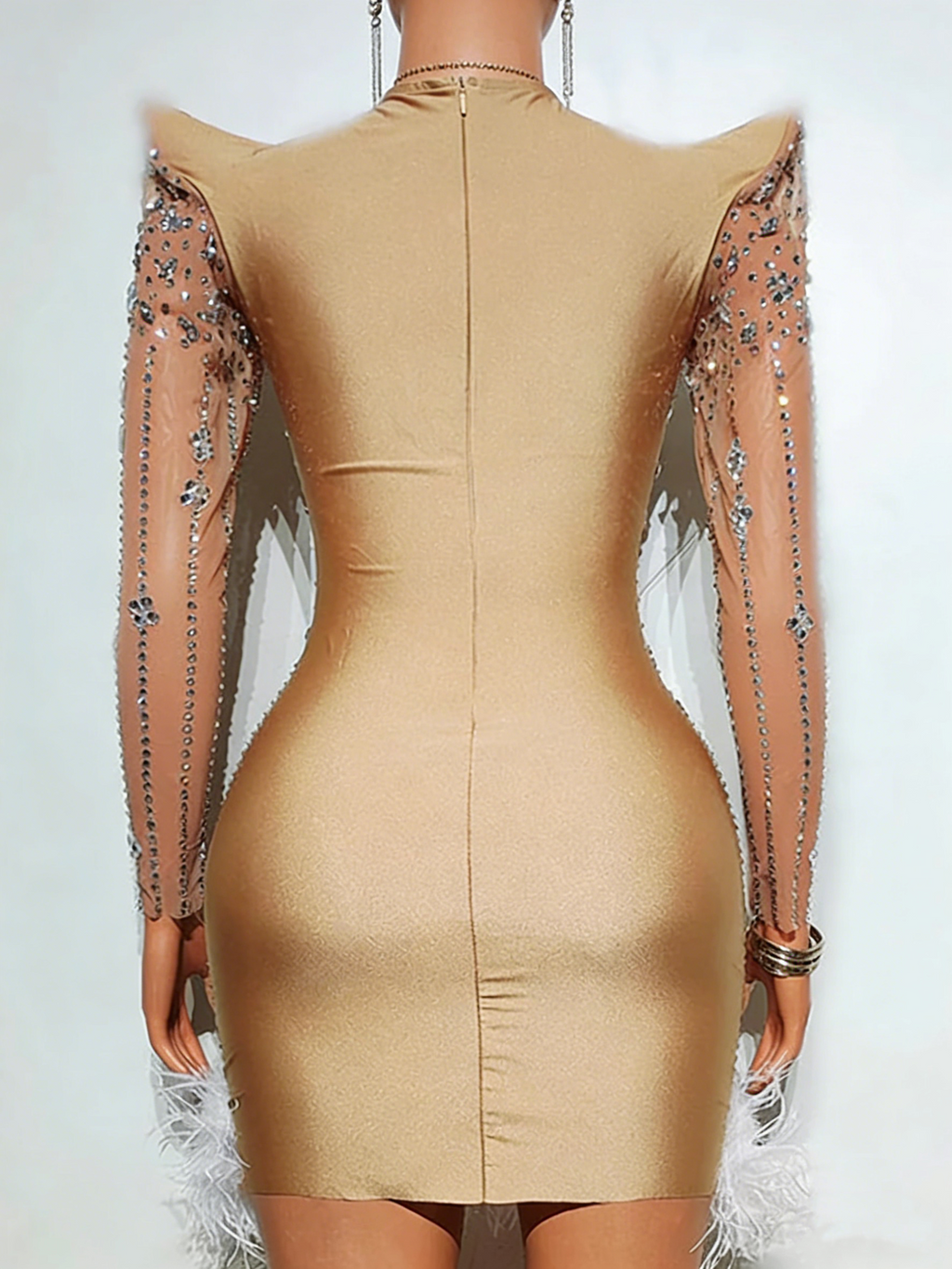 Beige Rhinestone Mini Dress Long Sleeve High Neck Feather Hem Bodycon Party