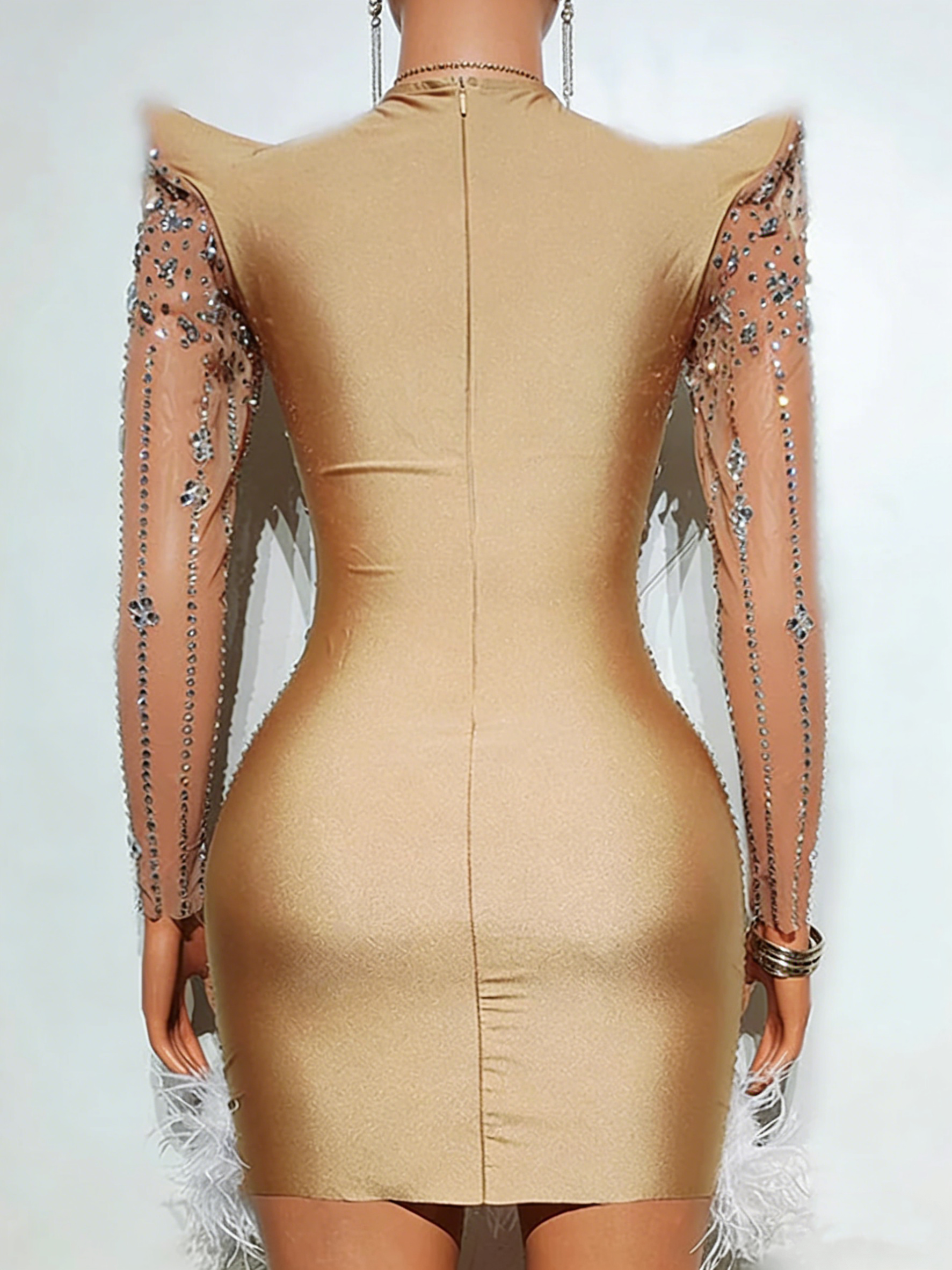 Beige Rhinestone Mini Dress Long Sleeve High Neck Feather Hem Bodycon Party