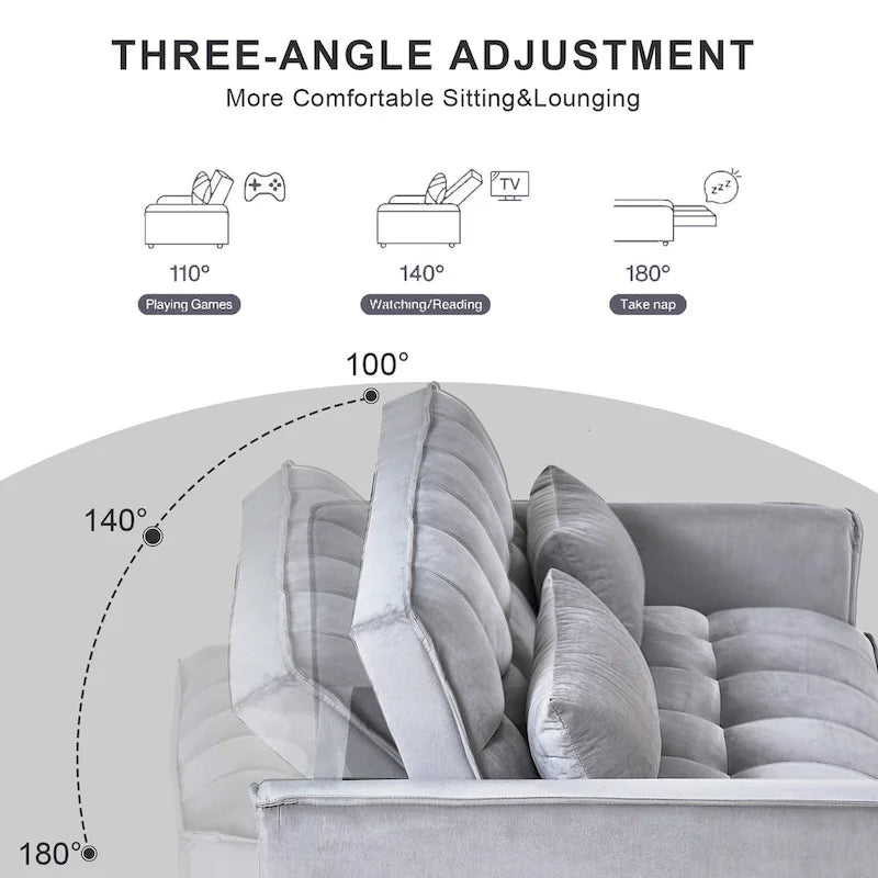 Modern Velvet Futon Loveseat with Reclining Backrest & Pockets, Seats 2 �?Dark Gray / Light Gray / Blue / Black