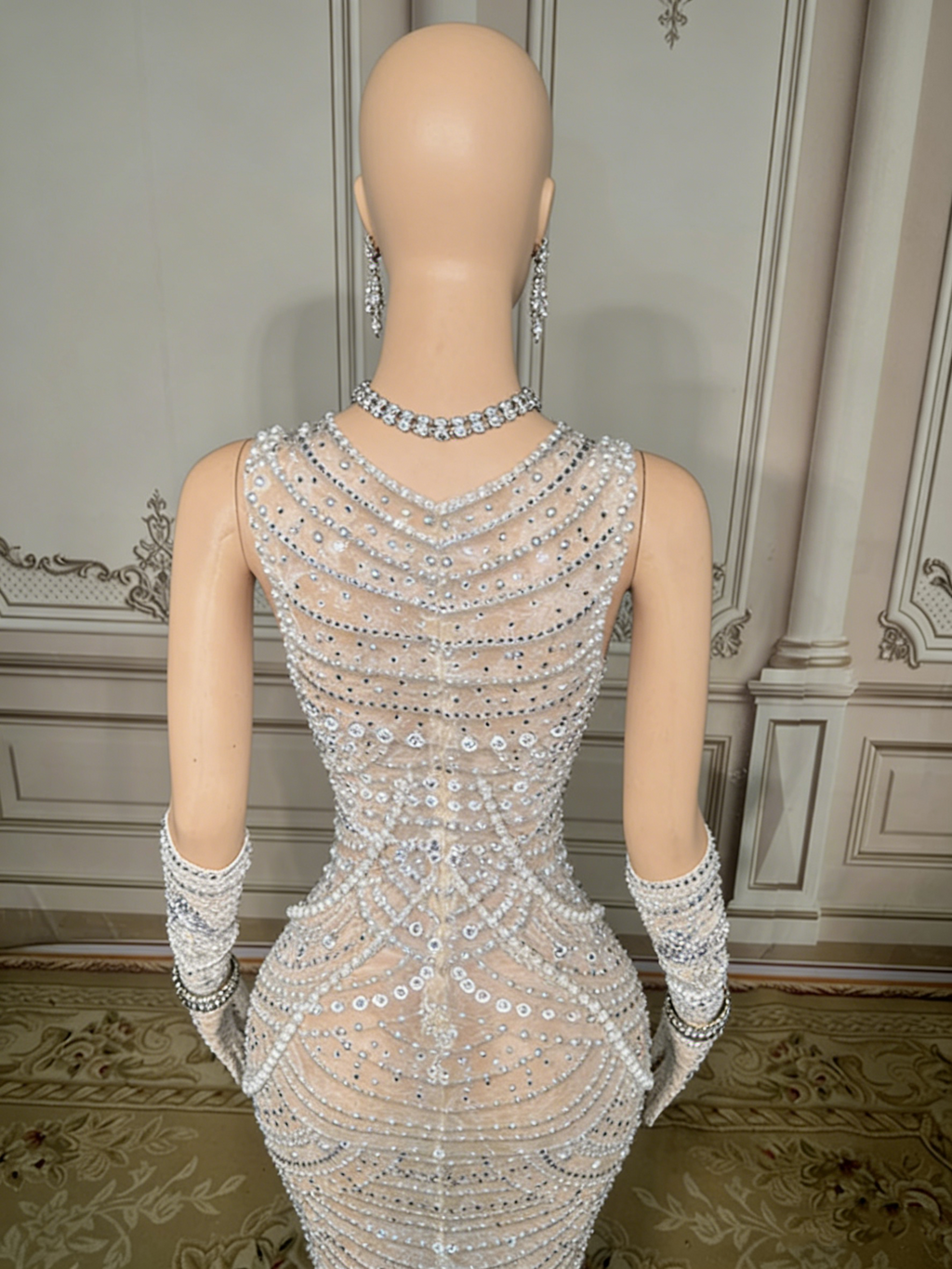 White Bead Embellished High Neck Mermaid Gown Sleeveless Open Back Formal