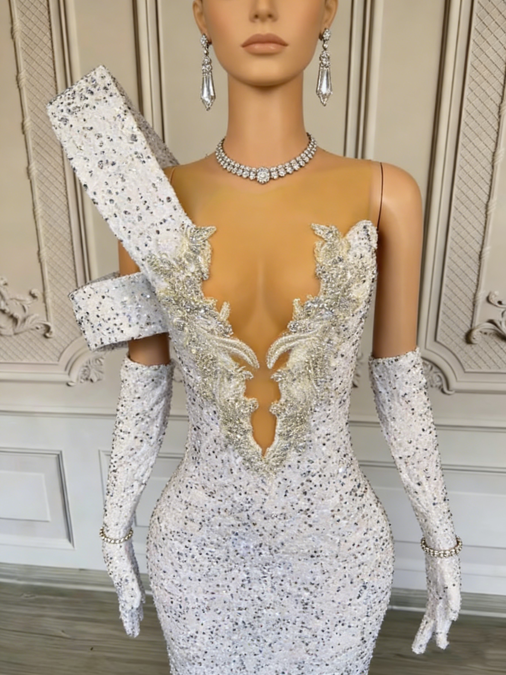 White Sequin Mermaid Gown Deep V Neck Asymmetric Shoulder Floor Length Formal