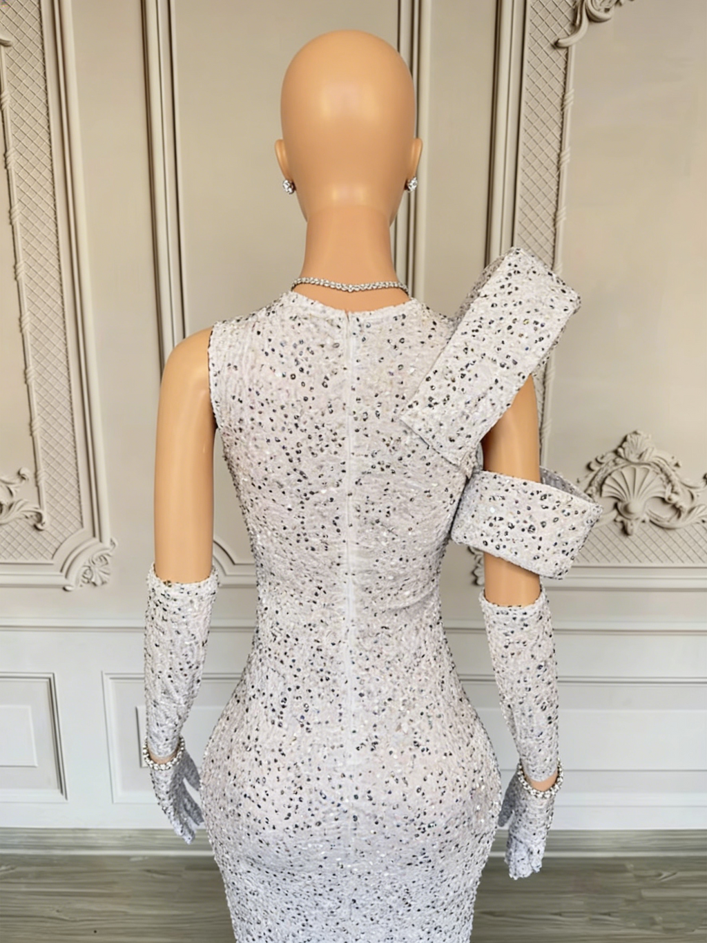 White Sequin Mermaid Gown Deep V Neck Asymmetric Shoulder Floor Length Formal