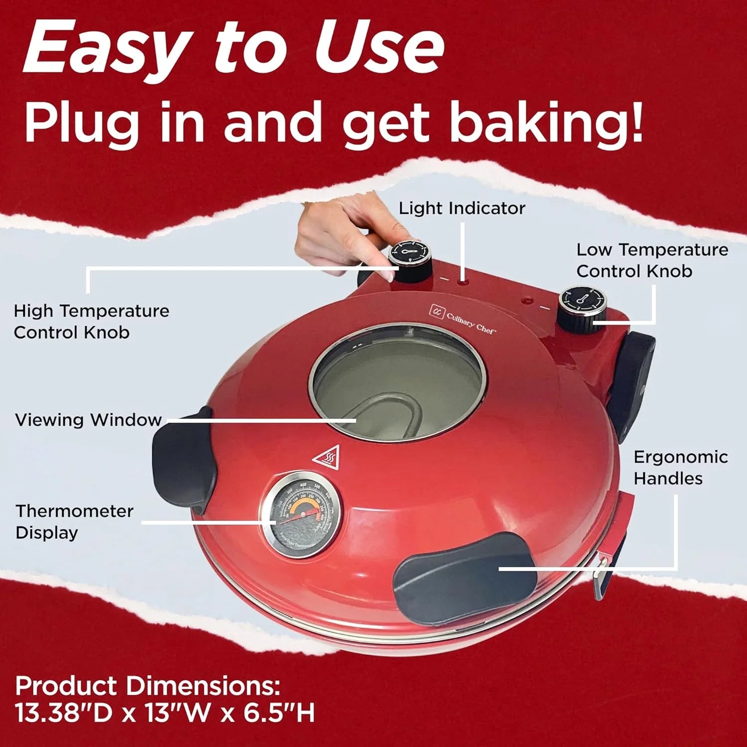 Electric Pizza Oven with Ceramic Stone, Viewing Window, Adjustable Heat Control, Timer and 1200W Baking Power, DIY Homemade Pizzeria, Large 12�� Pie Capacity (Black)