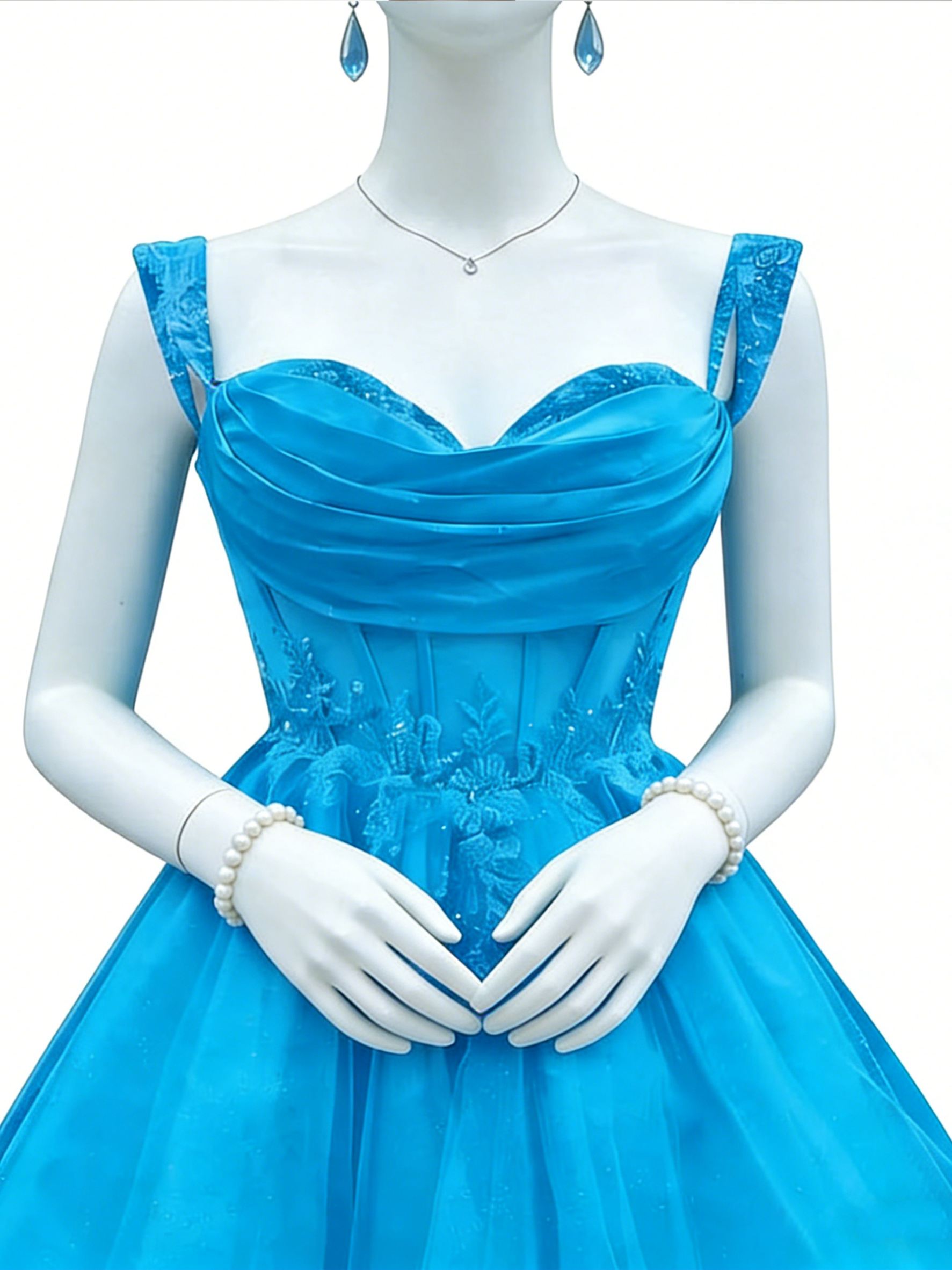 Blue 3D Floral Tulle Party Dress Sweetheart Spaghetti Strap Corset Back 3 Colors