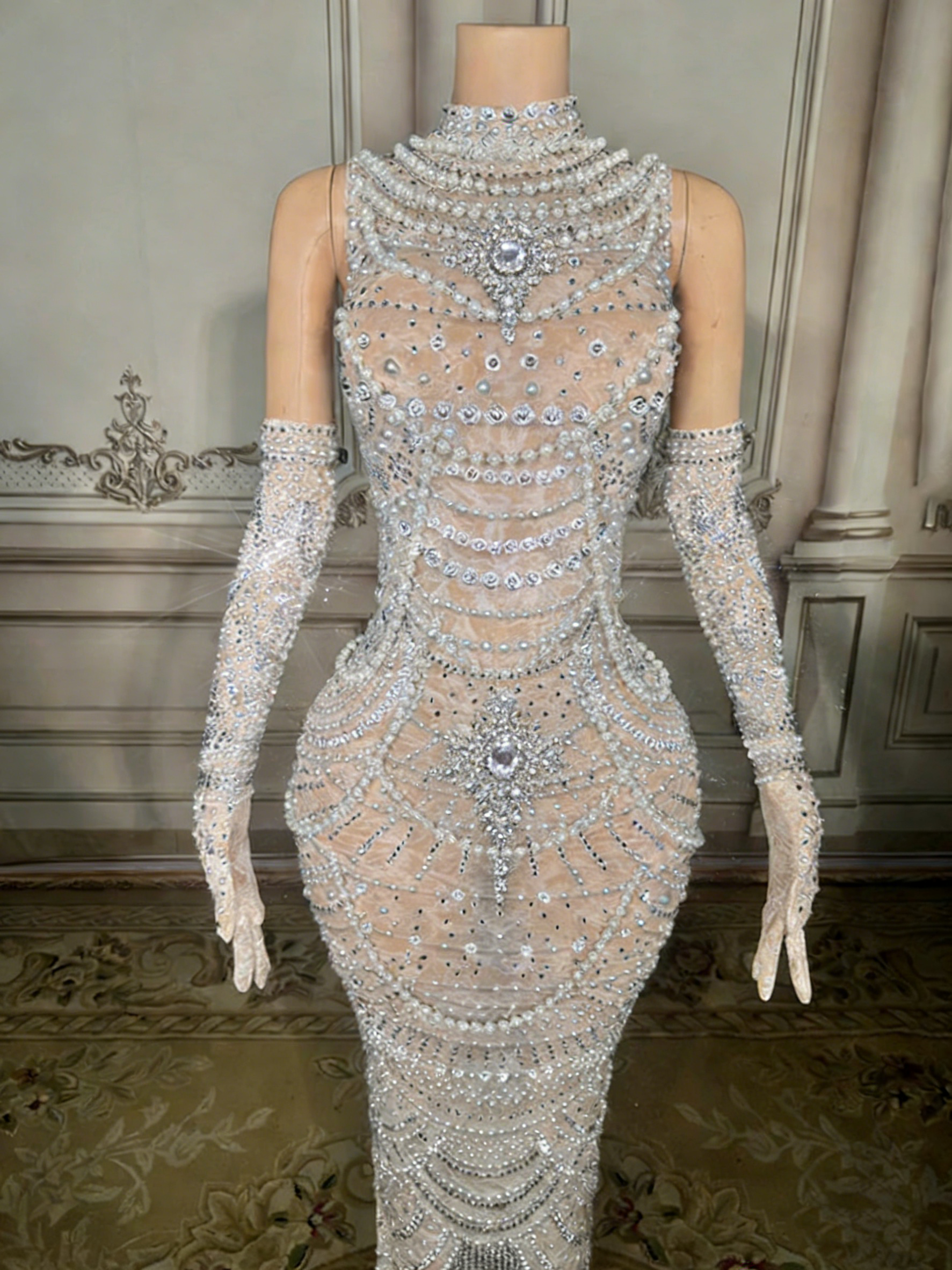 White Bead Embellished High Neck Mermaid Gown Sleeveless Open Back Formal