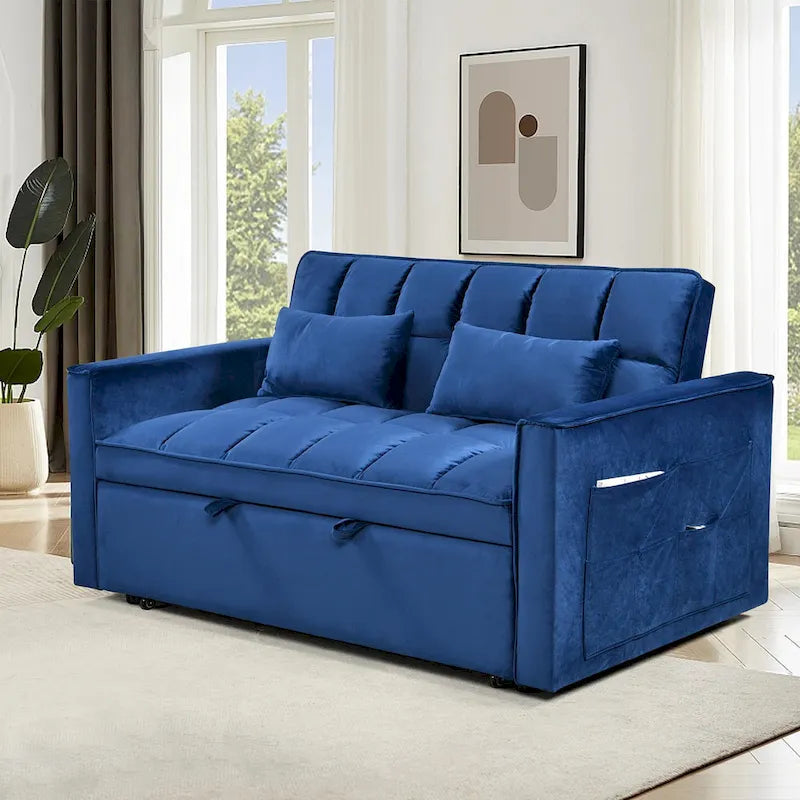 Modern Velvet Futon Loveseat with Reclining Backrest & Pockets, Seats 2 �?Dark Gray / Light Gray / Blue / Black