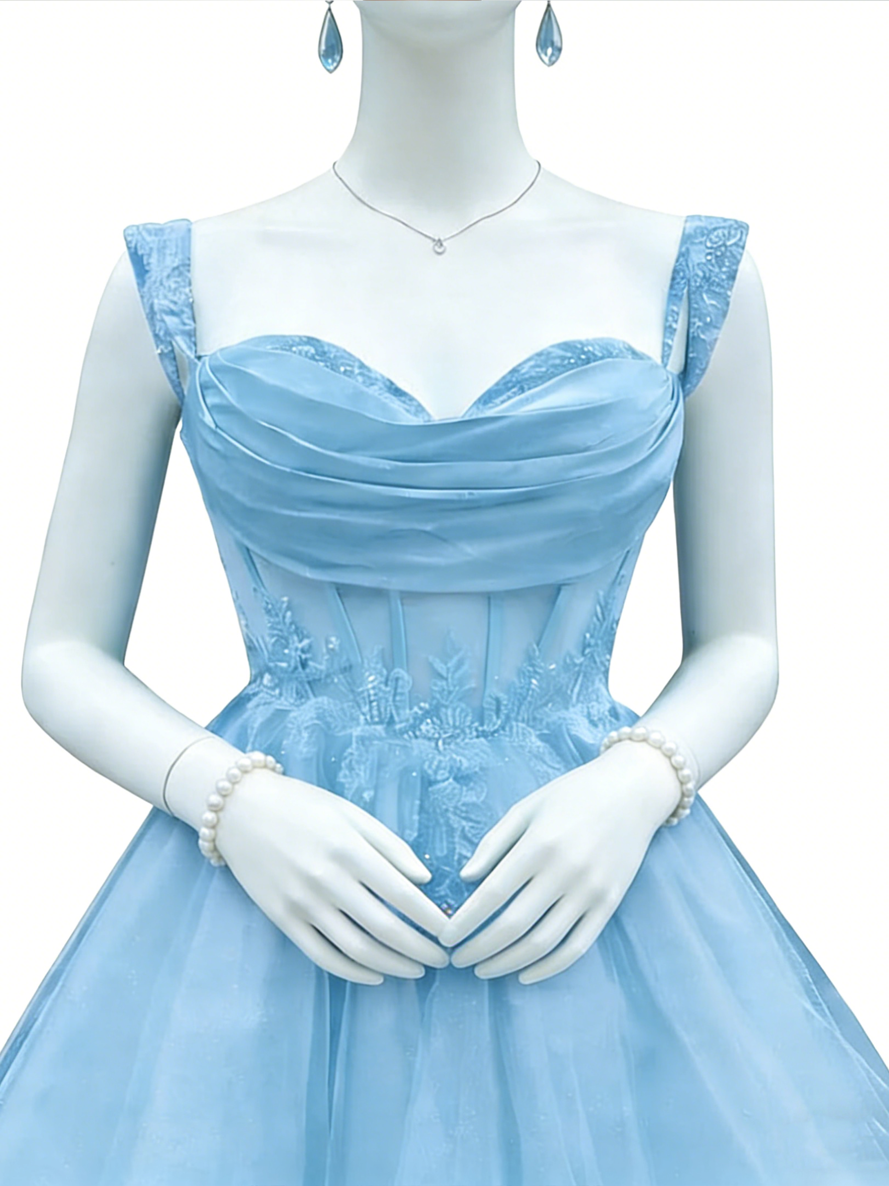 Blue 3D Floral Tulle Party Dress Sweetheart Spaghetti Strap Corset Back 3 Colors