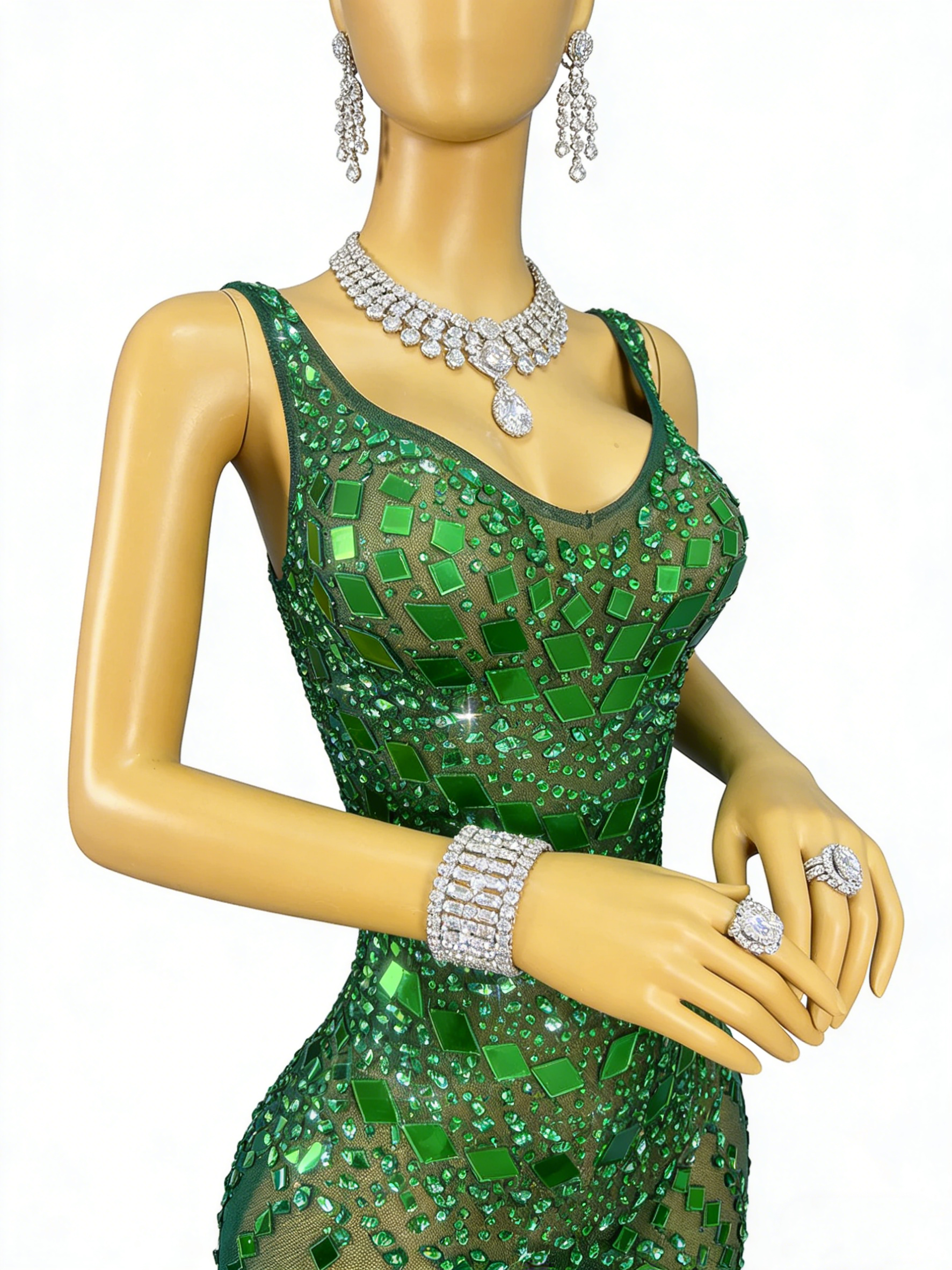 Green Sequin Mermaid Gown V Neck Open Back Floor Length Formal Evening Dress