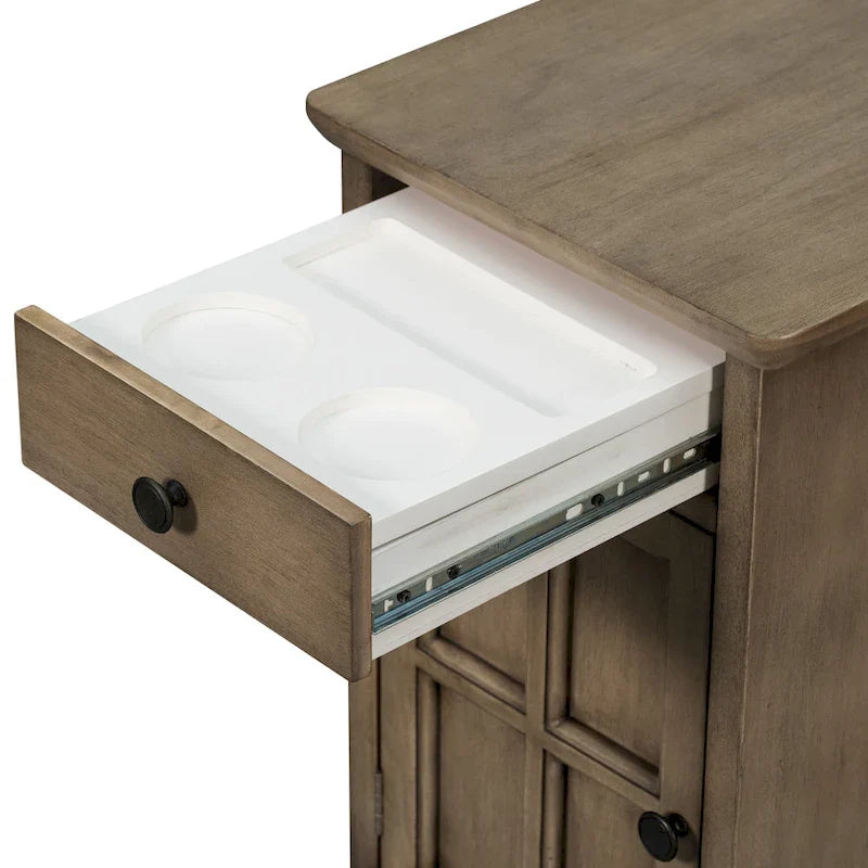 Classic Vintage End Table Side Table with USB Ports and 1 Multifunctional Drawer with Cup Holders