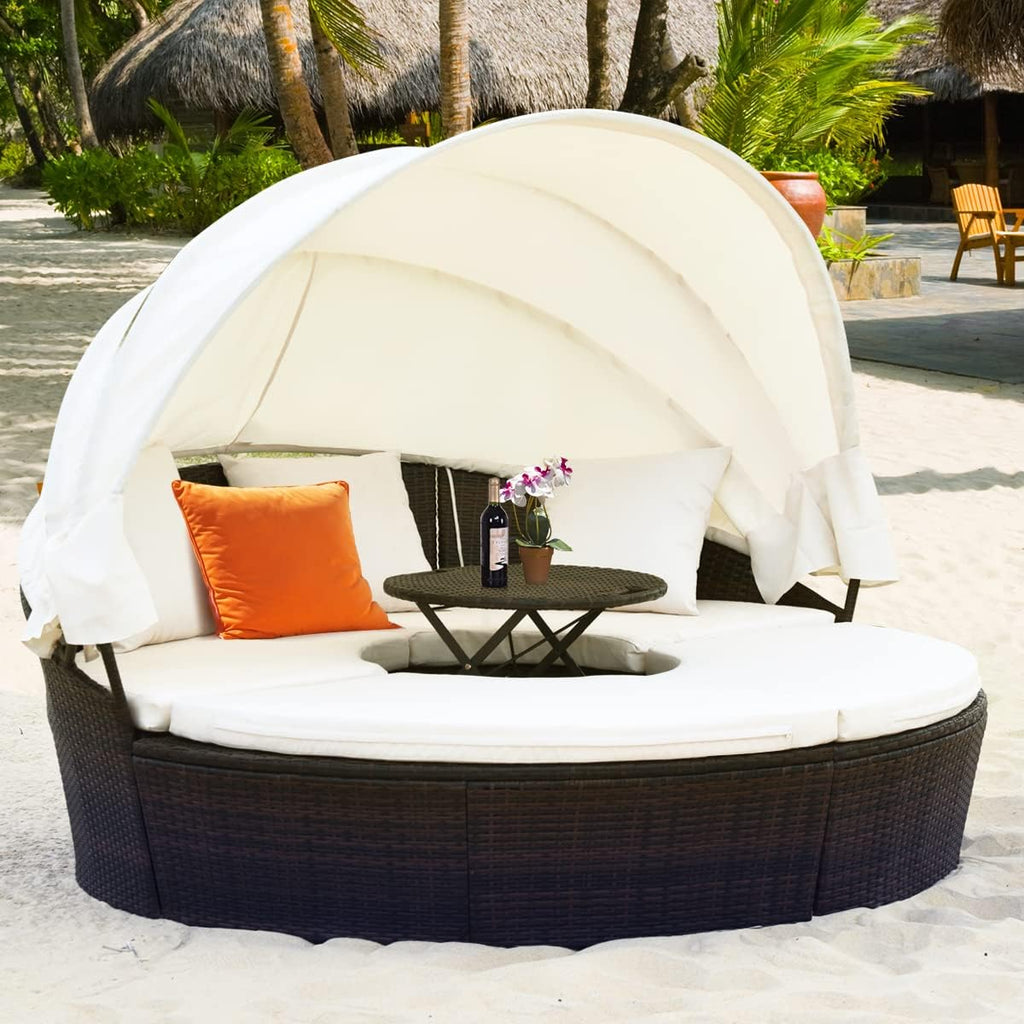 Outdoor daybed, rattan round daybed with sunshade canopy, patio set with cushions and adjustable coffee table, rattan patio furniture, suitable for backyard terraces, porches, and poolside (green color)