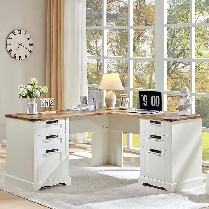 60 Farmhouse L Shaped Executive Desk, Wood Corner Desk, Computer Desk