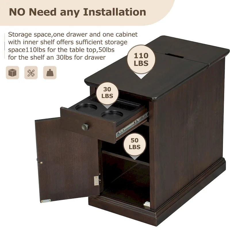 Classic Vintage End Table Side Table with USB Ports and 1 Multifunctional Drawer with Cup Holders