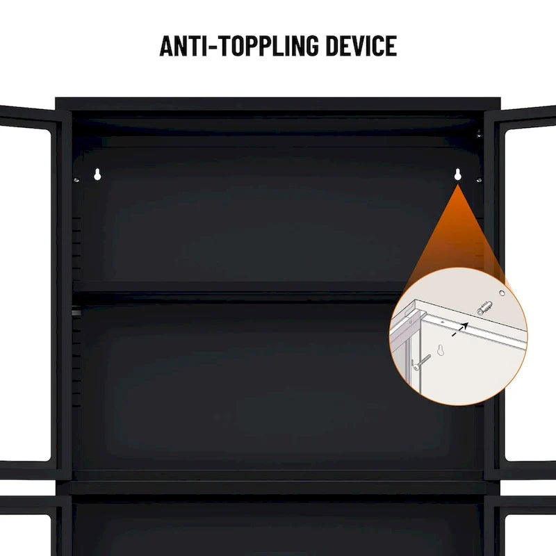 Four Glass Door Storage Cabinet with Adjustable Shelves and Feet Cold-Rolled Steel Sideboard Furniture