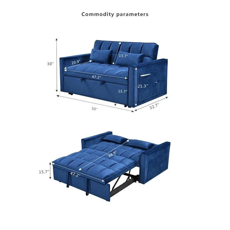 Modern Velvet Futon Loveseat with Reclining Backrest & Pockets, Seats 2 �?Dark Gray / Light Gray / Blue / Black
