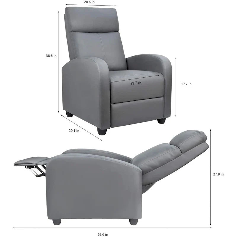 PU Leather Push-Back Recliner Chair, Brown / Black / Grey / Khaki / Red / Beige, Single