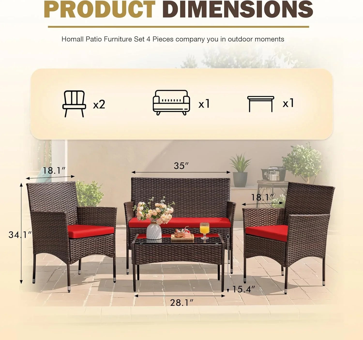 4 Pieces Patio Rattan Chair Wicker, Outdoor Indoor Use Backyard Porch Garden Poolside Balcony Furniture Sets (Red)