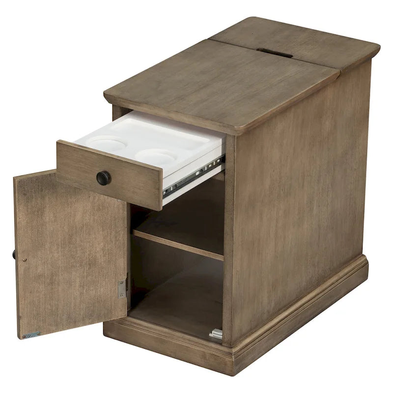 Classic Vintage End Table Side Table with USB Ports and 1 Multifunctional Drawer with Cup Holders