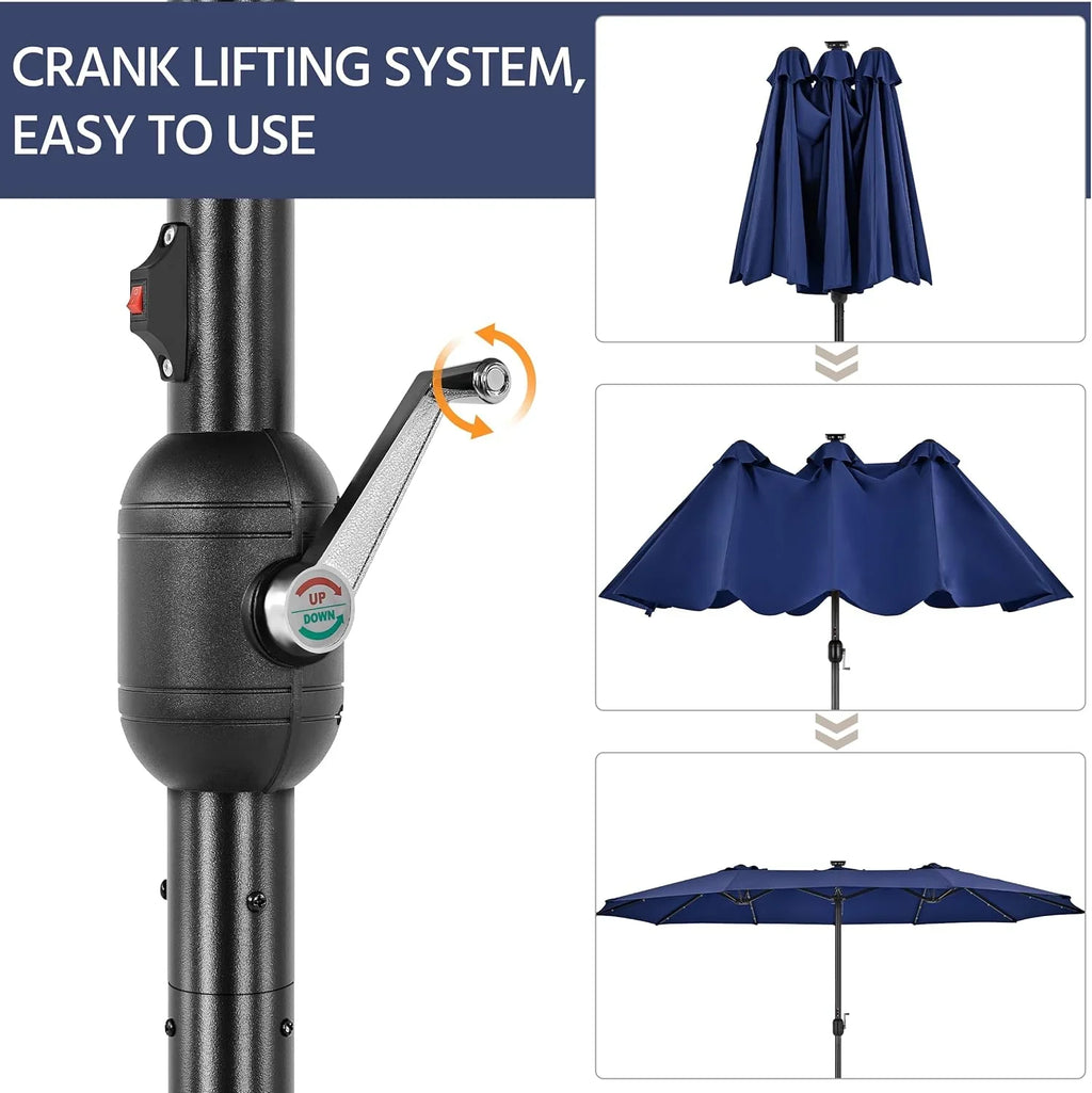 15 ft Large Patio Umbrella with Solar Lights Double-Sided Outdoor Rectangle Market Umbrellas with 36 LED Lights/Base Included/Easy Crank for Patio Garden Yard Pool Lawn, Brown