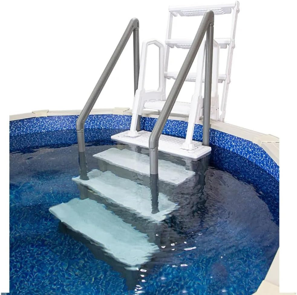 Non-slip pool entrance steps | Gray | Suitable for above-ground pools | Can be installed on patios with a height of 122 to 137 cm | Maximum load capacity 136 kg