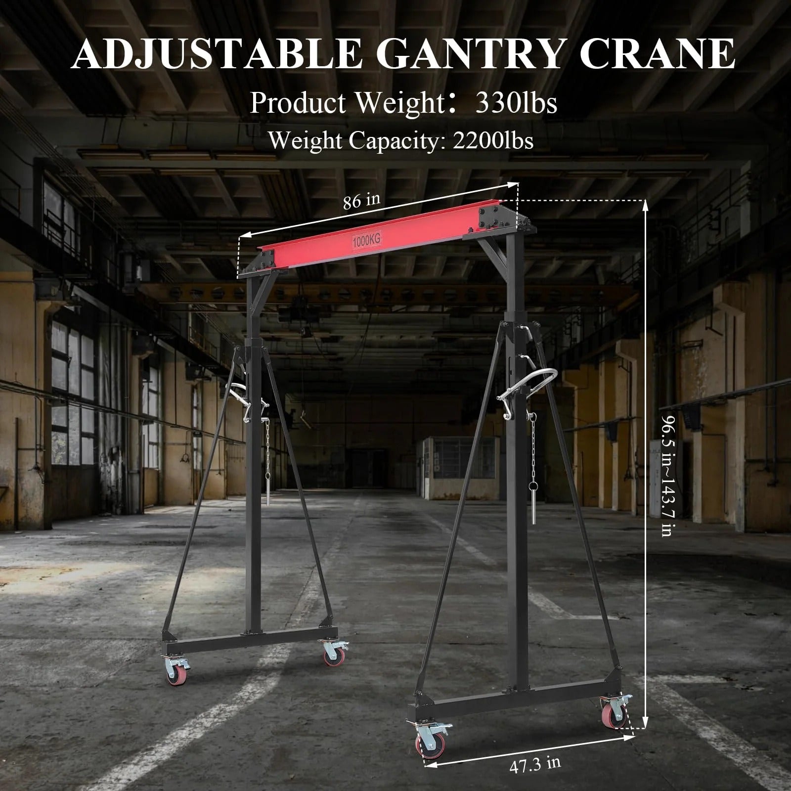 2025 1-ton gantry crane, adjustable, 2200 lbs lifting capacity, height adjustable 96.5"-143.7", portable hoist for factory, construction site, warehouse, auto repair shop