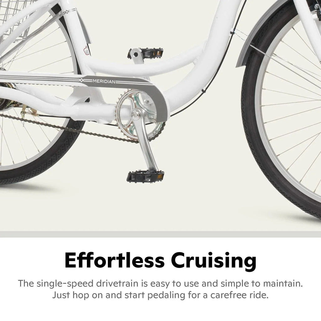 2025 Schwinn Meridian Adult Tricycle, Men's and Women's Beach Cruiser, 26-inch Wheels, Low Step-Through, Wide Saddle, Folding Rear Basket.