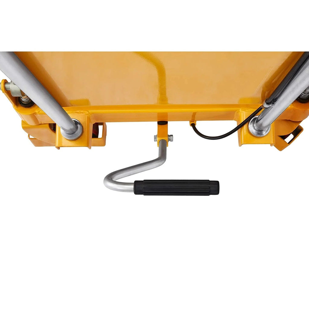 Hydraulic lifting table trolley – load capacity 350 kg, maximum height 130 cm, double scissor lift table with safety device and 4 wheels