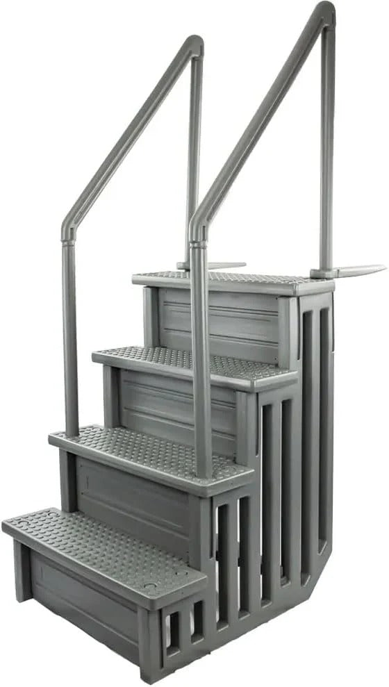 Non-slip pool entrance steps | Gray | Suitable for above-ground pools | Can be installed on patios with a height of 122 to 137 cm | Maximum load capacity 136 kg