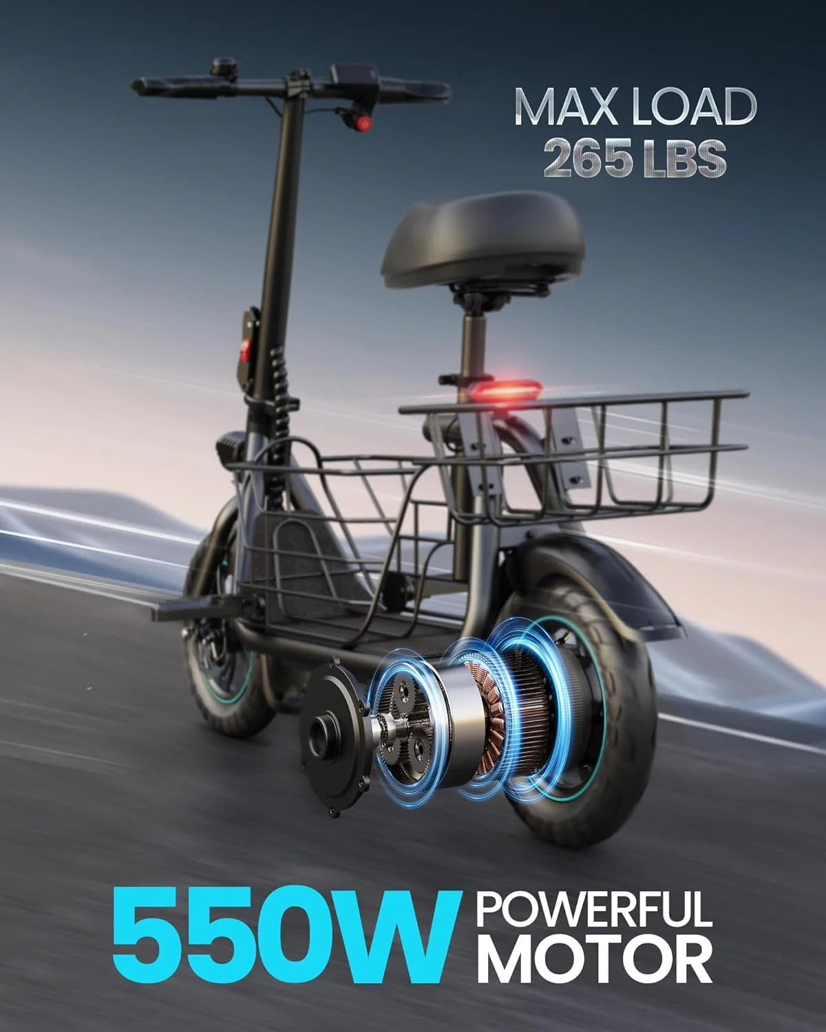 Electric scooter for adults with large center basket
