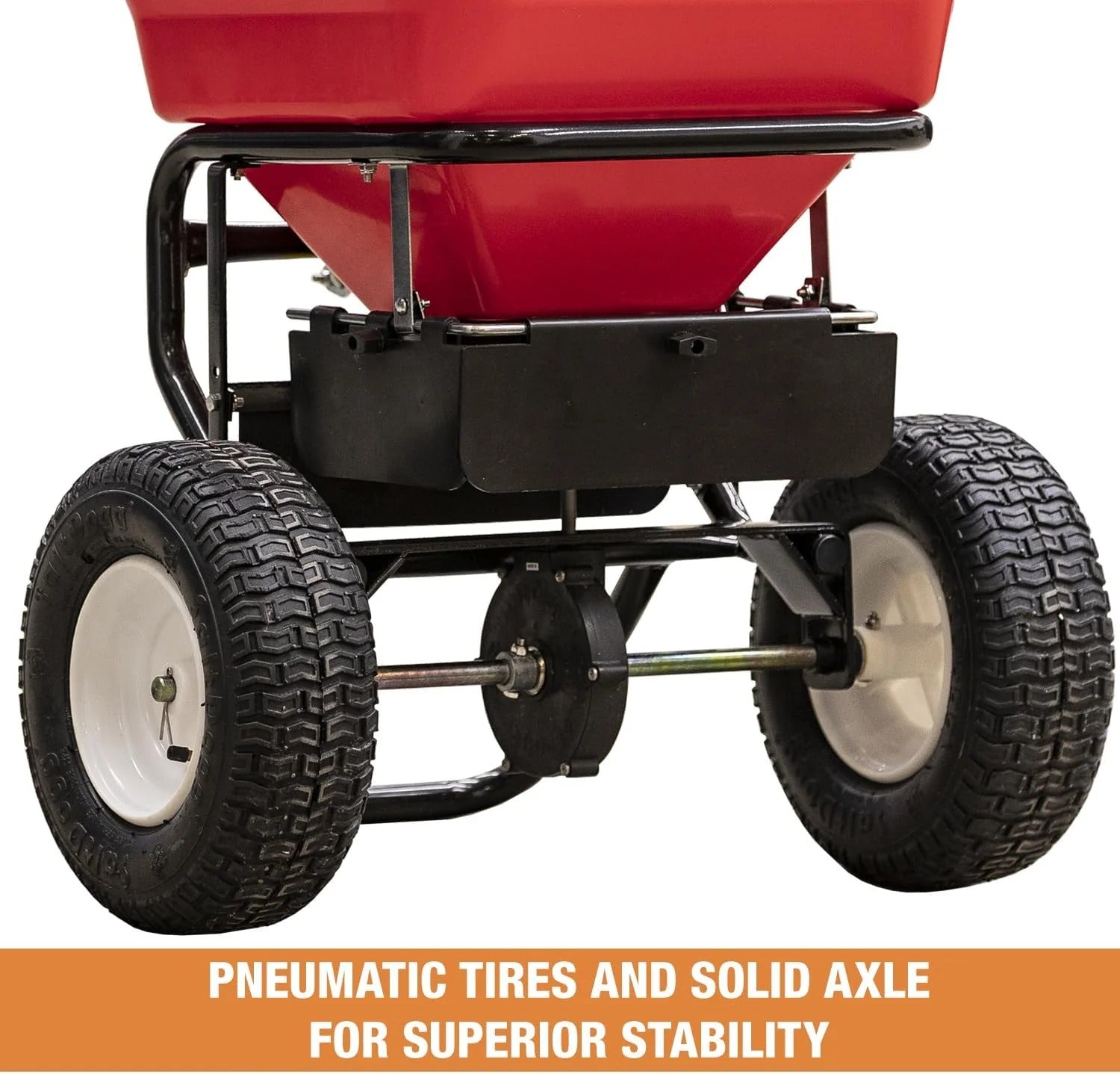 Multi-purpose push-along spreader, 100 lb capacity, versatile tool for lawn seed, salt, de-icer, fertilizer and seeds