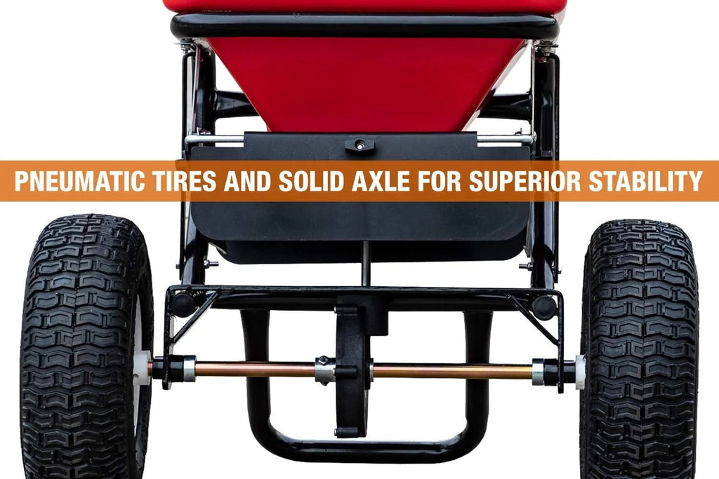 Multi-purpose push-along spreader, 100 lb capacity, versatile tool for lawn seed, salt, de-icer, fertilizer and seeds
