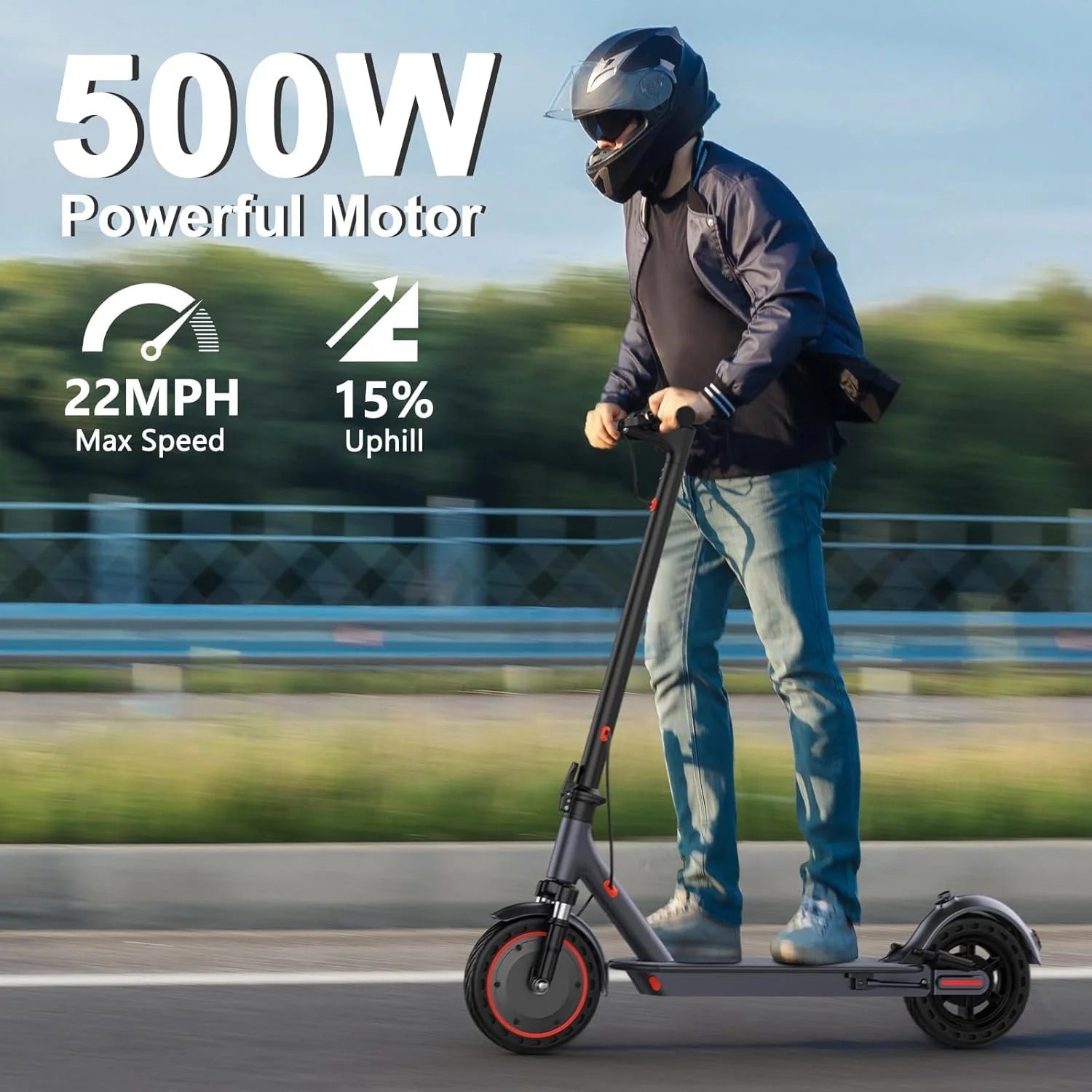 Electric scooter, 350W/500W powerful motor, 8.5"/10" solid rubber tires, 19/22 mph, 28/21/12 mile range, dual brakes